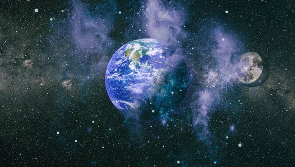 Dünya ve ay uzaydan görüntüleyin. NASA tarafından döşenmiş öğeler dahil olmak üzere son derece ayrıntılı görüntü.