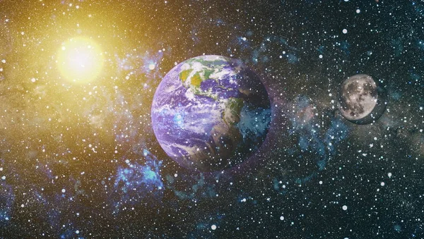 Dünya ve ay uzaydan görüntüleyin. NASA tarafından döşenmiş öğeler dahil olmak üzere son derece ayrıntılı görüntü.