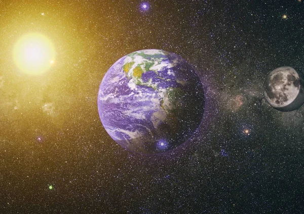 Dünya ve ay uzaydan görüntüleyin. NASA tarafından döşenmiş öğeler dahil olmak üzere son derece ayrıntılı görüntü.