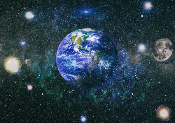 Dünya ve ay uzaydan görüntüleyin. NASA tarafından döşenmiş öğeler dahil olmak üzere son derece ayrıntılı görüntü.