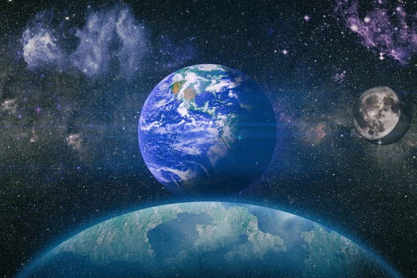 Dünya ve ay uzaydan görüntüleyin. NASA tarafından döşenmiş öğeler dahil olmak üzere son derece ayrıntılı görüntü.