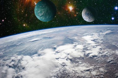 Dünya Gözlem görünüm alanı toprak üzerinden. Fütüristik soyut uzay arka plan.