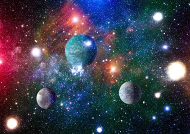 Gezegen ve galaksinin yıldızları serbest uzayda. Bu görüntünün elementleri NASA tarafından desteklenmektedir .