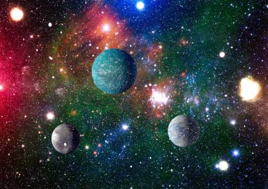 Gezegen ve galaksinin yıldızları serbest uzayda. Bu görüntünün elementleri NASA tarafından desteklenmektedir .