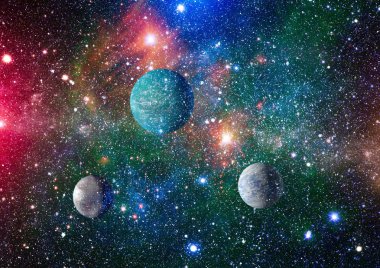 Gezegen ve galaksinin yıldızları serbest uzayda. Bu görüntünün elementleri NASA tarafından desteklenmektedir .