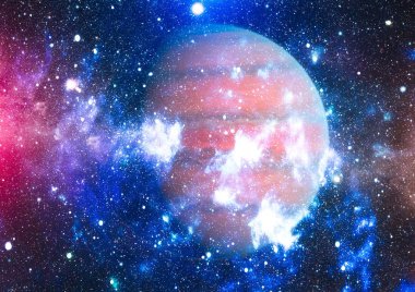 Gezegen ve galaksinin yıldızları serbest uzayda. Bu görüntünün elementleri NASA tarafından desteklenmektedir .