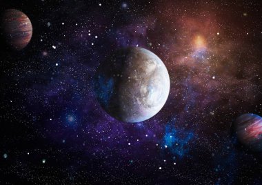 Gezegen ve galaksinin yıldızları serbest uzayda. Bu görüntünün elementleri NASA tarafından desteklenmektedir .