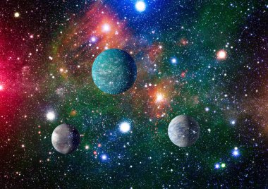 Gezegen ve galaksinin yıldızları serbest uzayda. Bu görüntünün elementleri NASA tarafından desteklenmektedir .