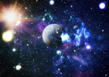 Gezegen ve galaksinin yıldızları serbest uzayda. Bu görüntünün elementleri NASA tarafından desteklenmektedir .