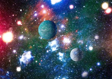 Gezegen ve galaksinin yıldızları serbest uzayda. Bu görüntünün elementleri NASA tarafından desteklenmektedir .