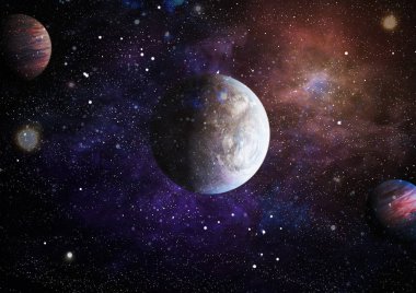 Gezegen ve galaksinin yıldızları serbest uzayda. Bu görüntünün elementleri NASA tarafından desteklenmektedir .