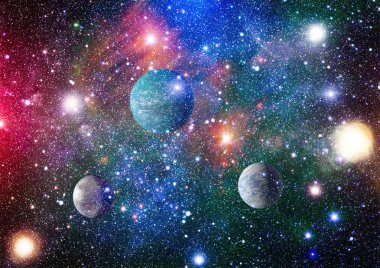 Gezegen ve galaksinin yıldızları serbest uzayda. Bu görüntünün elementleri NASA tarafından desteklenmektedir .