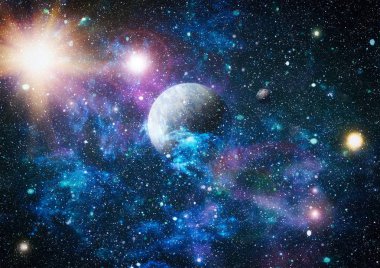 Gezegen ve galaksinin yıldızları serbest uzayda. Bu görüntünün elementleri NASA tarafından desteklenmektedir .