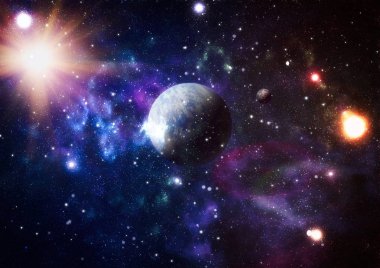 Gezegen ve galaksinin yıldızları serbest uzayda. Bu görüntünün elementleri NASA tarafından desteklenmektedir .