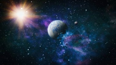 Gezegen ve galaksinin yıldızları serbest uzayda. Bu görüntünün elementleri NASA tarafından desteklenmektedir .