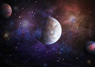 Gezegen ve galaksinin yıldızları serbest uzayda. Bu görüntünün elementleri NASA tarafından desteklenmektedir .