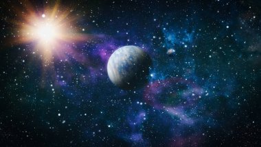 Parlak yıldız bulutsu. Uzak galaksi. Soyut resim. Nasa tarafından döşenmiş bu görüntü unsurları.