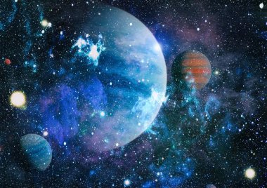 Gezegen ve galaksinin yıldızları serbest uzayda. Bu görüntünün elementleri NASA tarafından desteklenmektedir .