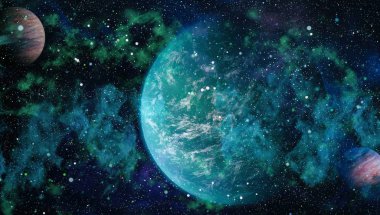 Gezegen ve galaksinin yıldızları serbest uzayda. Bu görüntünün elementleri NASA tarafından desteklenmektedir .