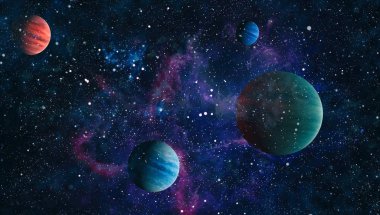 Gezegen ve galaksinin yıldızları serbest uzayda. Bu görüntünün elementleri NASA tarafından desteklenmektedir .