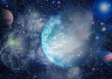 Gezegen ve galaksinin yıldızları serbest uzayda. Bu görüntünün elementleri NASA tarafından desteklenmektedir .