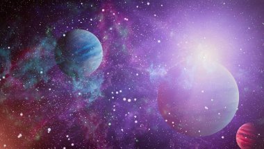 Gezegen ve galaksinin yıldızları serbest uzayda. Bu görüntünün elementleri NASA tarafından desteklenmektedir .