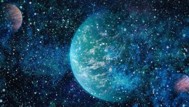 Gezegen ve galaksinin yıldızları serbest uzayda. Bu görüntünün elementleri NASA tarafından desteklenmektedir .