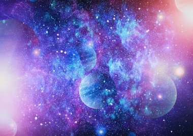 Gezegen ve galaksinin yıldızları serbest uzayda. Bu görüntünün elementleri NASA tarafından desteklenmektedir .