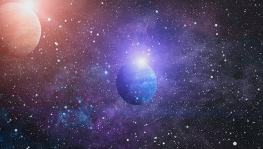 Gezegen ve galaksinin yıldızları serbest uzayda. Bu görüntünün elementleri NASA tarafından desteklenmektedir .