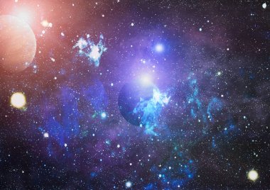 Gezegen ve galaksinin yıldızları serbest uzayda. Bu görüntünün elementleri NASA tarafından desteklenmektedir .