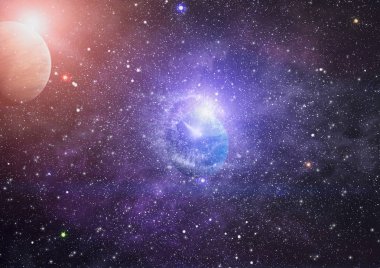 Gezegen ve galaksinin yıldızları serbest uzayda. Bu görüntünün elementleri NASA tarafından desteklenmektedir .