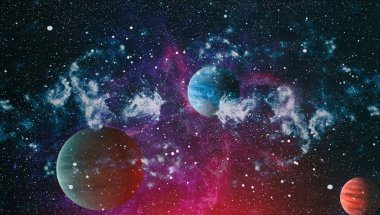 Gezegen ve galaksinin yıldızları serbest uzayda. Bu görüntünün elementleri NASA tarafından desteklenmektedir .