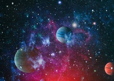 Gezegen ve galaksinin yıldızları serbest uzayda. Bu görüntünün elementleri NASA tarafından desteklenmektedir .