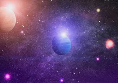 Gezegen ve galaksinin yıldızları serbest uzayda. Bu görüntünün elementleri NASA tarafından desteklenmektedir .