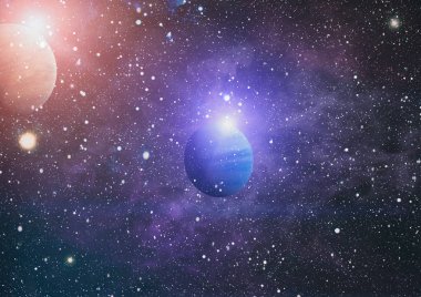 Gezegen ve galaksinin yıldızları serbest uzayda. Bu görüntünün elementleri NASA tarafından desteklenmektedir .