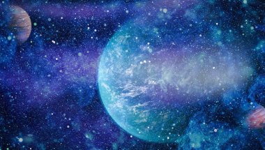 Gezegen ve galaksinin yıldızları serbest uzayda. Bu görüntünün elementleri NASA tarafından desteklenmektedir .