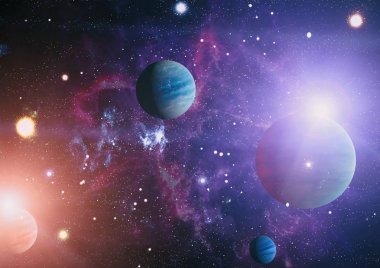 Gezegen ve galaksinin yıldızları serbest uzayda. Bu görüntünün elementleri NASA tarafından desteklenmektedir .
