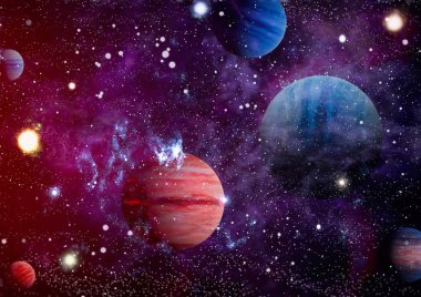 Gezegen ve galaksinin yıldızları serbest uzayda. Bu görüntünün elementleri NASA tarafından desteklenmektedir .