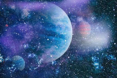 Gezegen ve galaksinin yıldızları serbest uzayda. Bu görüntünün elementleri NASA tarafından desteklenmektedir .