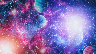 Gezegen ve galaksinin yıldızları serbest uzayda. Bu görüntünün elementleri NASA tarafından desteklenmektedir .