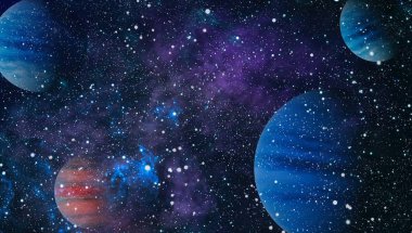 Gezegen ve galaksinin yıldızları serbest uzayda. Bu görüntünün elementleri NASA tarafından desteklenmektedir .