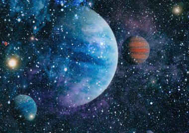 Gezegen ve galaksinin yıldızları serbest uzayda. Bu görüntünün elementleri NASA tarafından desteklenmektedir .