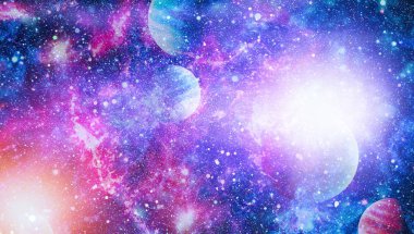 Gezegen ve galaksinin yıldızları serbest uzayda. Bu görüntünün elementleri NASA tarafından desteklenmektedir .