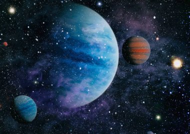 Gezegen ve galaksinin yıldızları serbest uzayda. Bu görüntünün elementleri NASA tarafından desteklenmektedir .