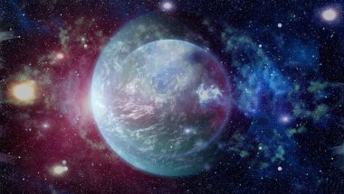 Gezegen ve galaksinin yıldızları serbest uzayda. Bu görüntünün elementleri NASA tarafından desteklenmektedir .