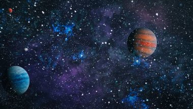 Gezegen ve galaksinin yıldızları serbest uzayda. Bu görüntünün elementleri NASA tarafından desteklenmektedir .