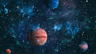 Gezegen ve galaksinin yıldızları serbest uzayda. Bu görüntünün elementleri NASA tarafından desteklenmektedir .