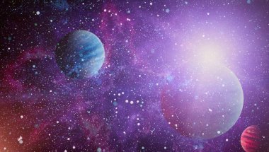 Gezegen ve galaksinin yıldızları serbest uzayda. Bu görüntünün elementleri NASA tarafından desteklenmektedir .