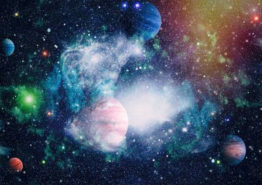 Gezegen ve galaksinin yıldızları serbest uzayda. Bu görüntünün elementleri NASA tarafından desteklenmektedir .