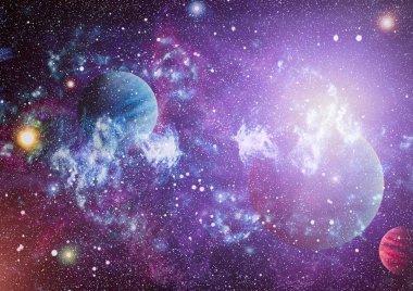 Gezegen ve galaksinin yıldızları serbest uzayda. Bu görüntünün elementleri NASA tarafından desteklenmektedir .